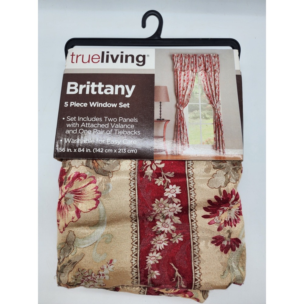 True Living Brittany 5 Piece Window Set Floral Burgundy Gold 56 x 84 New